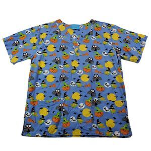 The Scrub Co. Womens Large Scrub Top Shirt Halloween Themed Blue Owl Witch Bird